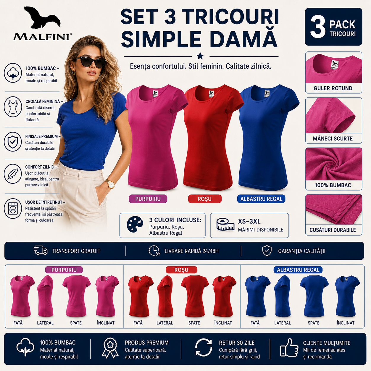 Set 3 tricouri damă 100% bumbac elegant casual cu decolteu roșu purpuriu albastru regal model 122